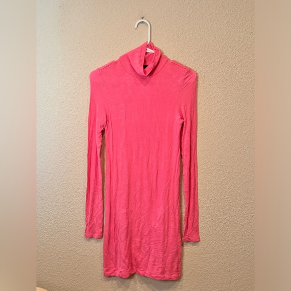 $395 ATM Long Sleeve Turtleneck Mini Dress pink ribbed sweater bodycon - Picture 6 of 9